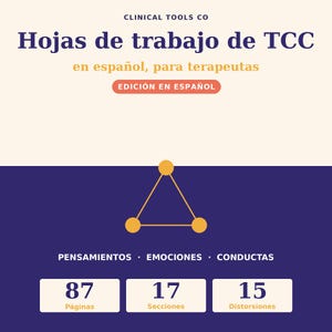 Puede incluir: Una portada de documento digital titulada Clinical Tools Co Hojas de trabajo de TCC en español, para terapeutas, Edición en español. Presenta un diagrama triangular amarillo que conecta Pensamientos, Emociones y Conductas, con 87 Páginas, 17 Secciones y 15 Distorsiones listadas debajo.