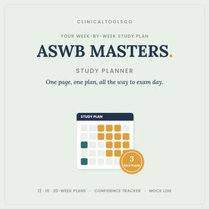 May include: A digital study planner for ASWB Masters exams by ClinicalToolsCo. The graphic features a grid calendar with gold and teal squares, a gold circle badge labeled 3 PACE PLANS, and text including 12, 16, 20-week plans, confidence tracker, and mock log.