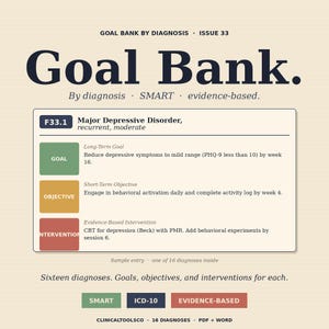 Może przedstawiać: Beżowy dokument zatytułowany "Goal Bank" z informacjami na temat zaburzenia depresyjnego. Zawiera cele, cele i interwencje. Dokument jest "SMART" i "oparty na dowodach".