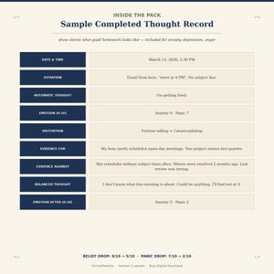 May include: A sample completed thought record, designed to help clients with anxiety, depression, and anger. The record includes sections for date, situation, automatic thought, emotion, distortion, evidence, and balanced thought. The document is a digital download.