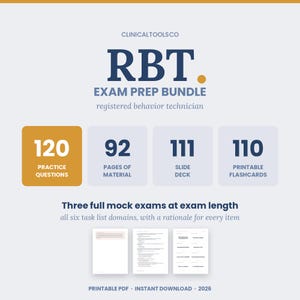 Könnte beinhalten: Ein RBT-Prüfungsvorbereitungs-Bundle von CLINICALTOOLSCO mit 120 Übungsfragen, 92 Materialseiten, einem Foliensatz mit 111 Folien und 110 druckbaren Lernkarten. Enthält drei vollständige Probeklausuren zu sechs Aufgabenbereichen mit Begründungen.