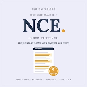 May include: A light purple educational cram sheet titled NCE with the text ClinicalToolsCo, High-Yield Cram Sheet, Quick-Reference, The facts that matter, on a page you can carry, Every Domain, Key Tables, Mnemonics, Print-Ready, and a gold icon.