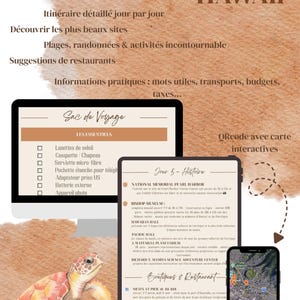 May include: A travel planner for Hawaii with the title "Travel Planner HAWAII" in a handwritten font. The image includes a turtle, a smartphone displaying a map, and a tablet with a detailed itinerary. The planner lists essential items for travel.