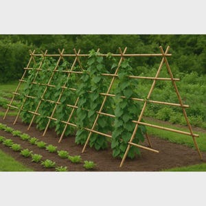 May include: A row of bamboo trellises in a garden, supporting climbing plants with green leaves. The trellises are arranged in a triangular shape, with a row of young plants in front. The background features a green, leafy area.