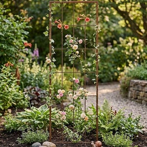 May include: A weathered metal garden trellis with a grid pattern, adorned with climbing plants and colorful flowers. The trellis stands in a garden bed surrounded by lush greenery, creating a natural and decorative element for outdoor spaces.
