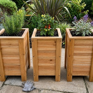 May include: Three wooden rectangular planters filled with soil and various plants. The planters are made of light brown wood and have a simple, modern design. One planter has rosemary, another has tomatoes, and the third has purple flowers.