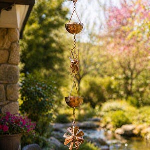 May include: A copper rain chain with decorative elements, including a flower-shaped top piece, hanging bowls, and a geometric design. The chain is suspended outdoors, with a blurred natural background.