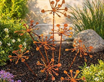 Rustic Metal Flower Pod Stakes – Outdoor Garden Decor Set of 9