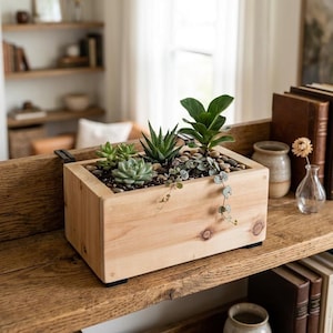 May include: A rectangular wooden planter box filled with various succulents and small pebbles. The light-colored wood box sits on a wooden shelf, showcasing the natural grain. The plants include green, spiky, and round-leafed varieties.