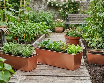 Rustic Copper Plated Window Box Planter, 23 Inch Metal Flower Planter