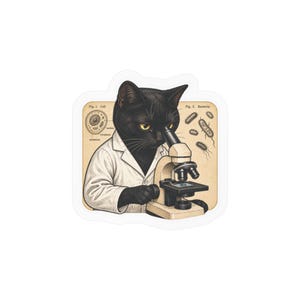 May include: A sticker featuring a black cat wearing a white lab coat and looking through a microscope. The background includes vintage-style scientific diagrams labeled Fig. 1. Cell and Fig. 2. Bacteria, rendered in black ink on a tan paper texture.
