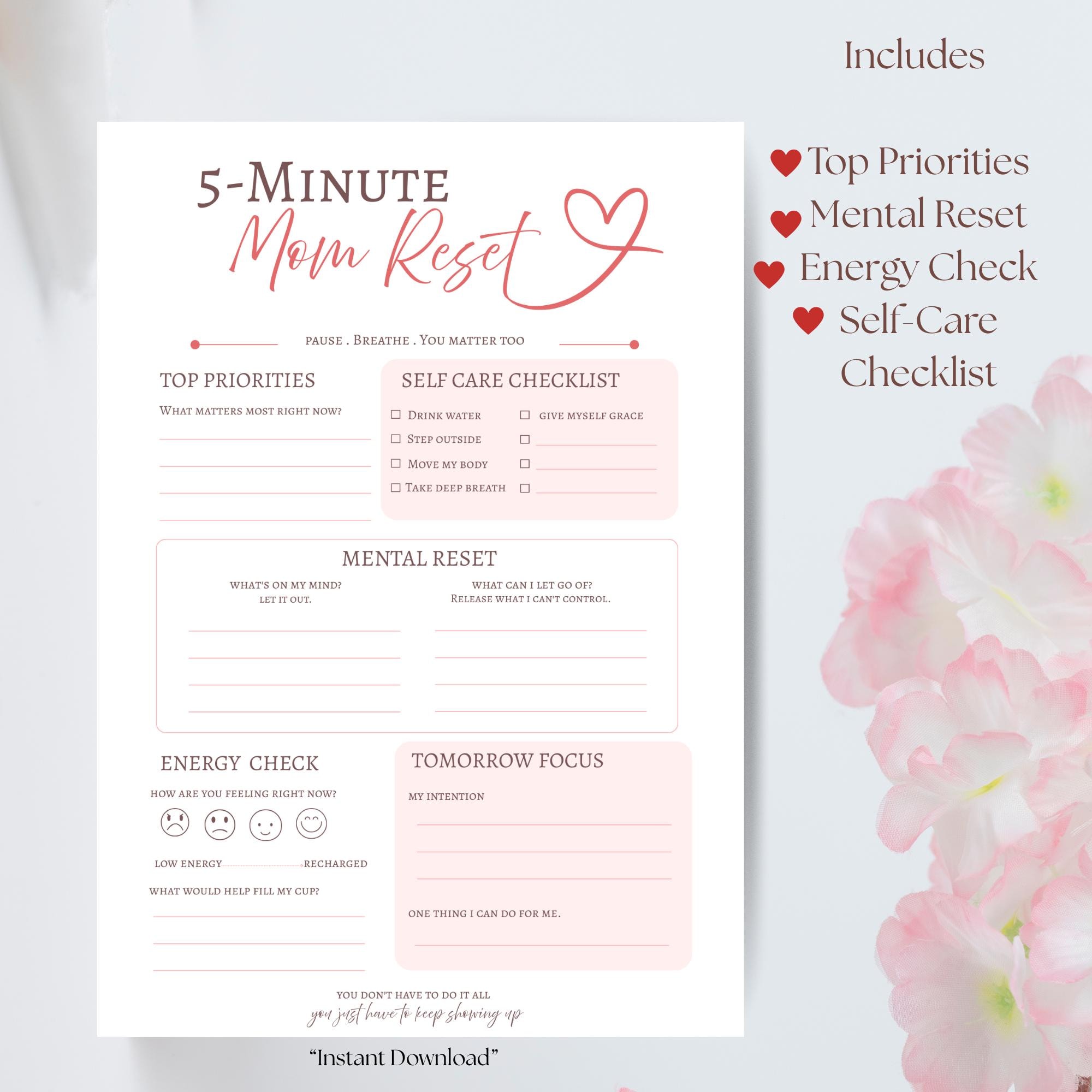 5-minute Mom Reset Printable | Self Care Planner for Busy Moms | Mental ...