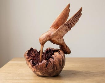 Handcrafted Wooden Bird Nest Sculpture – Stained Wood Home Decor, Unique Gift Figurine