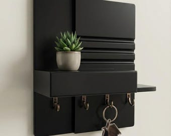 Minimal Black Wall Organizer – Wooden Key Holder for Entryway Decor