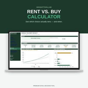 Pode incluir: Uma tela de laptop exibindo a calculadora de aluguel versus compra InsightToolLab, uma ferramenta de planilha financeira. A interface mostra um veredito, métricas financeiras principais, um gráfico de linhas comparando capital próprio e um gráfico de barras de custos.