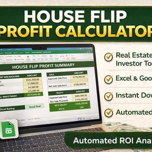 Könnte beinhalten: Ein Laptop zeigt eine "House Flip Profit Calculator"-Tabelle mit Investitionsdetails, Verkaufspreisen und Gewinnmargen. Der Text umfasst "Real Estate Investor Tool", "Excel & Google Sheets" und "Instant Download".