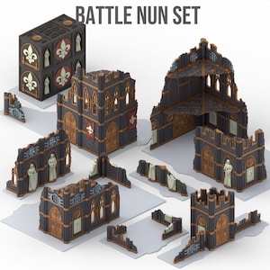 Op de afbeelding: Een Battle Nun Set van miniatuur wargaming terreinstukken met donkergrijze gotische gebouwruïnes, muren en torens met koperkleurige randen, witte gebeeldhouwde nonnenbeelden en rode banieren met witte fleur-de-lis emblemen.