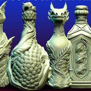 May include: A collection of six intricately designed decorative bottles. Each bottle features unique sculpted details, including animal faces, textured patterns, and ornate shapes. The bottles are in a neutral color, with a gradient blue background.