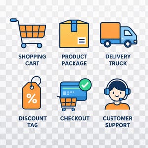 May include: A collection of e-commerce icons, including a shopping cart, product package, delivery truck, discount tag, checkout with a shopping cart, and customer support representative. Each icon is outlined in black with bright colors.