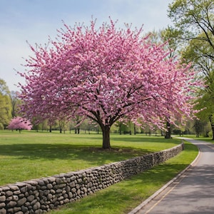 Puede incluir: Un cerezo grande y maduro en plena floración con densos racimos de flores de color rosa vibrante que cubren sus ramas extendidas. El árbol se encuentra en una zona de parque con césped junto a un muro de piedra apilada y un camino pavimentado.