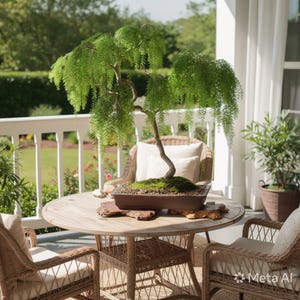 May include: A weeping bonsai tree with vibrant green, feathery foliage and a slender, curved trunk, planted in a rectangular brown ceramic pot filled with soil and moss, resting on a wooden table surface with natural wood accents.