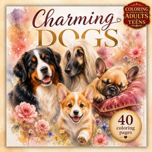 Peut inclure: Une couverture de livre de coloriage carrée intitulée Charming Dogs avec une illustration à l'aquarelle d'un bouvier bernois, d'un lévrier afghan, d'un bouledogue français et d'un chiot corgi entourés de fleurs, avec 40 pages à colorier.