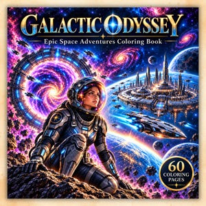 Puede incluir: Un libro para colorear titulado Galactic Odyssey Epic Space Adventures Coloring Book que muestra a un astronauta con traje espacial arrodillado sobre una superficie rocosa con un portal brillante, una ciudad futurista y naves espaciales con 60 páginas.