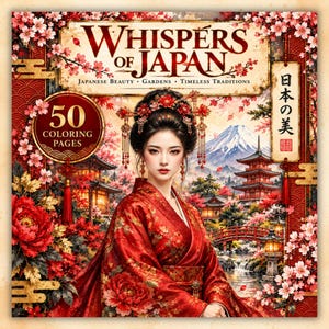 Pode incluir: Uma capa de livro de colorir intitulada Whispers of Japan com uma pessoa em um quimono vermelho estampado e acessórios de cabelo ornamentados. O fundo exibe uma montanha, um pagode, uma ponte vermelha e flores de cerejeira. 50 páginas.