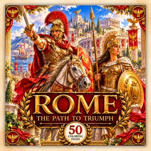 Pode incluir: Uma capa de livro de colorir intitulada ROME THE PATH TO TRIUMPH com 50 páginas para colorir. A ilustração mostra um soldado romano num cavalo branco com uma espada e um soldado de pé com lança e escudo, perante uma cidade clássica.