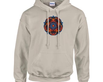 Born of Fire Cosmic Kaleidoscope Hoodie - Electric Mandala Graphic Pullover - Trippy Geometric Art Streetwear - Gift for Him or Her