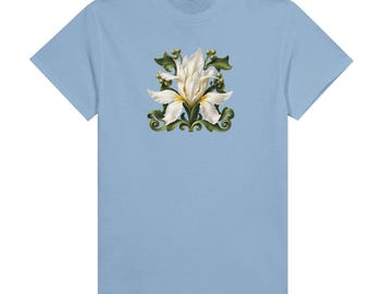 Elegant Iris Botanical Floral Tee | Verdant Scrolls T-Shirt | Unique Flower Lover Gift | Soft Cotton Shirt