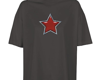 Chrome Red Star Crop Top, Y2K Heavyweight Cotton Boxy Shirt, Bold Streetwear Style