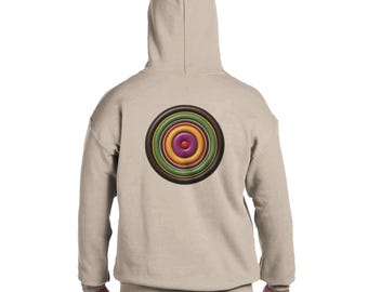 Retro Electric Orbit Hoodie, Concentric Groove Bullseye Graphic Hoodie, Vintage Inspired Streetwear, Unisex Heavy Blend Pullover