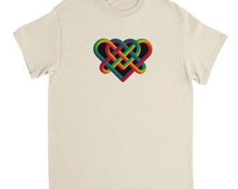 Celtic Rainbow Heart Knot T-Shirt | Intertwined Hearts Love Tee | Handmade Graphic Shirt | Gift for Her