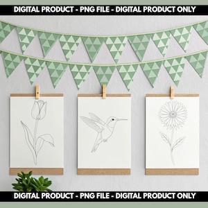 May include: Three framed botanical line art prints, including a tulip, hummingbird, and daisy, are displayed. The prints are held by wooden clips against a neutral wall, with a green triangle banner above. The text "DIGITAL PRODUCT - PNG FILE - DIGITAL PRODUCT ONLY" is at the top and bottom.