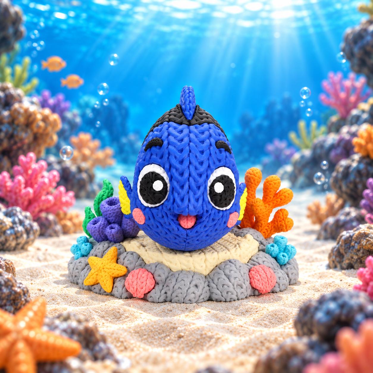 Blue Tang Fish Figurine, 3D Printed Knitted Texture, Optional Coral Reef Base, Ocean Desk and Shelf Decor — photo 1 of 7