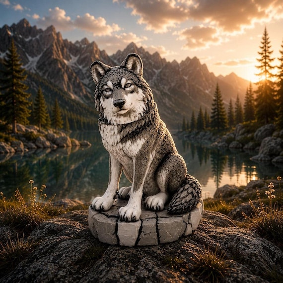Wolf Figurine, 3D Printed PLA with Crochet-Style Texture, Two Sizes