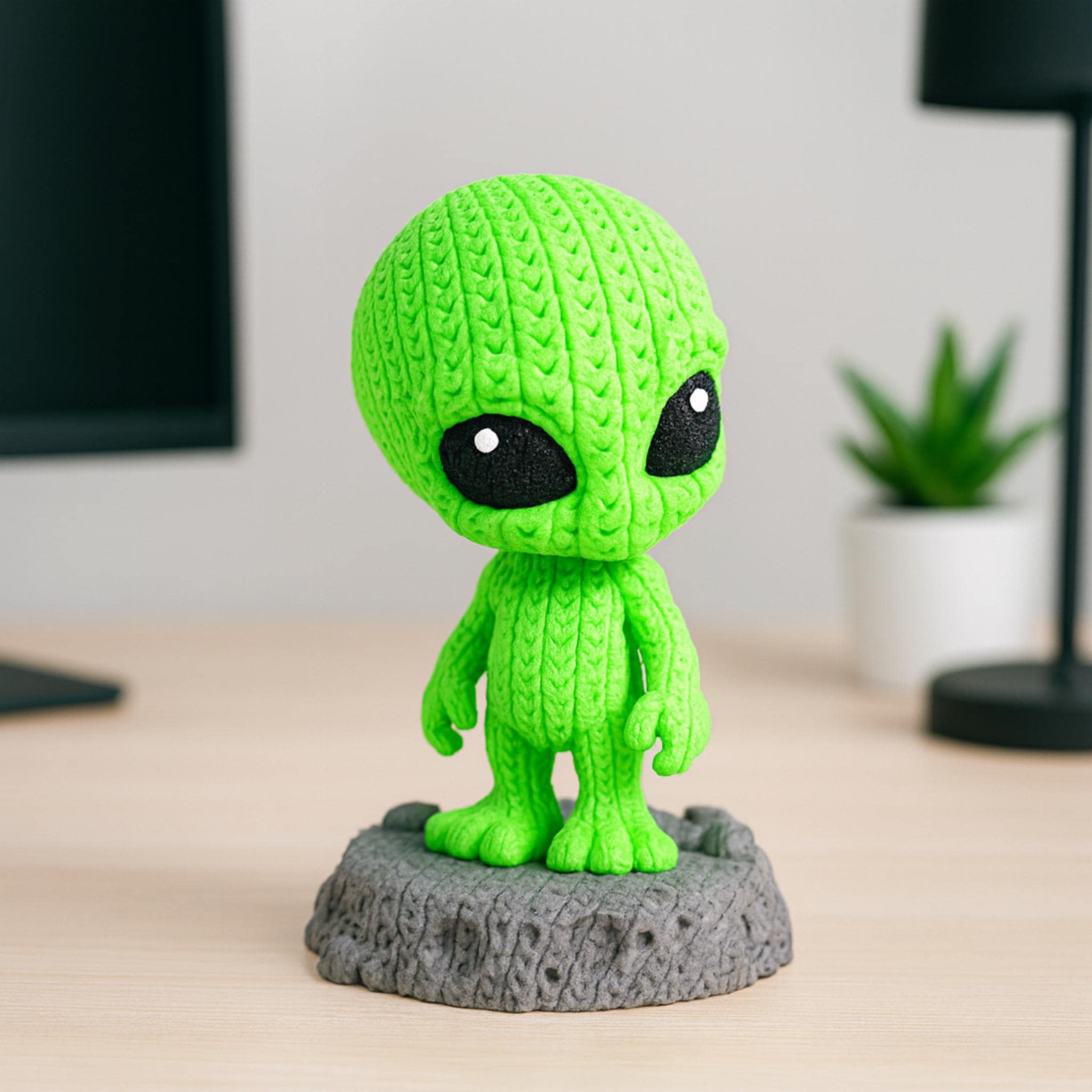 Alien Baby Figurine with Rotating Head, Crochet Texture, 3D Printed Space Decor with Base — photo 1 of 8