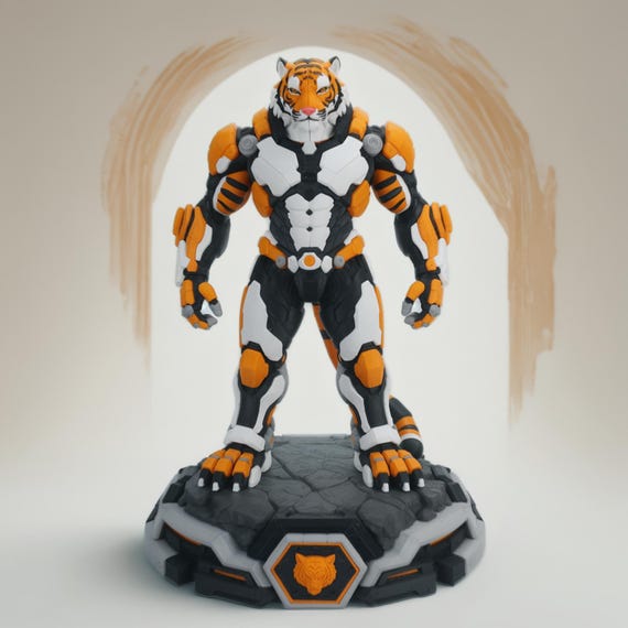 Tigron Nova Warrior Tiger Statue with Base, 3D Printed Armored Sci-Fi Figurine, Fantasy Collectible