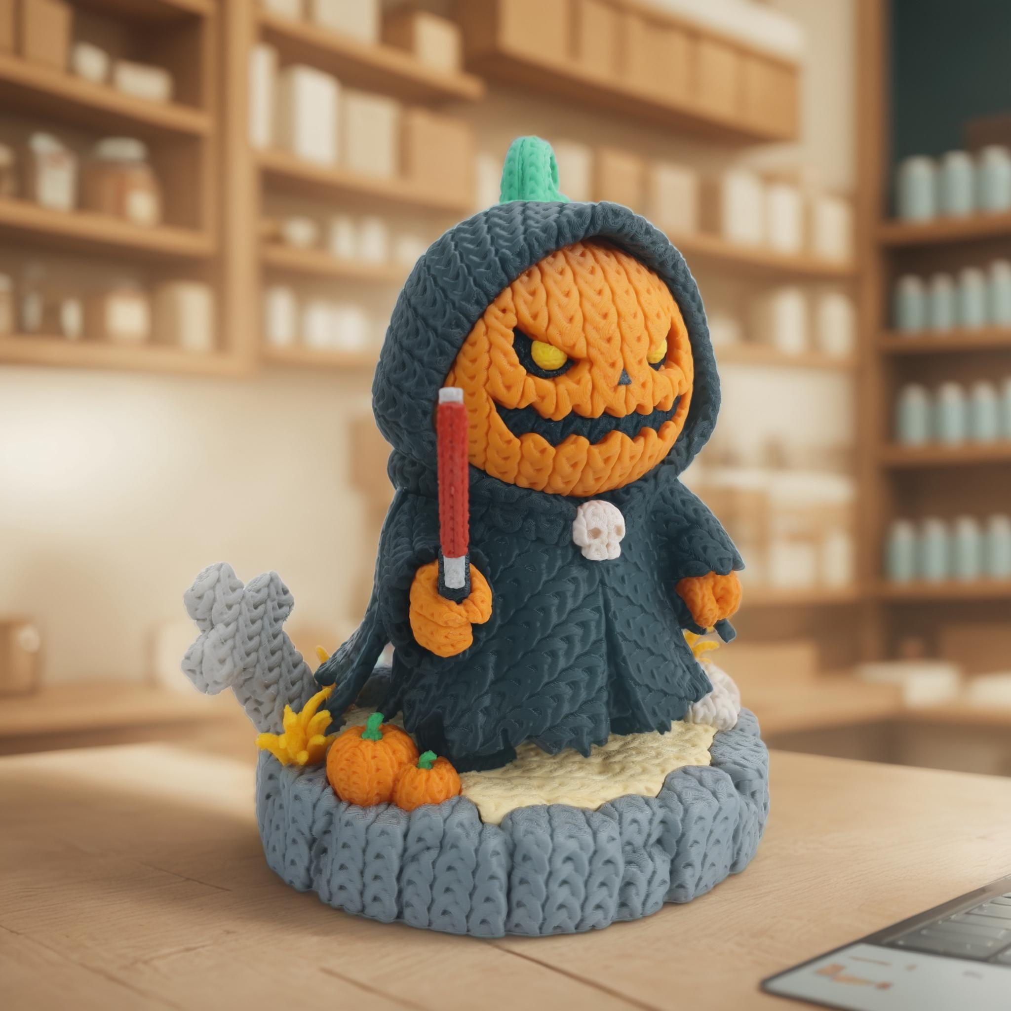 Pumpkin Killer Figurine with Base, 3D Printed Crochet Texture, Hooded Jack O Lantern, Halloween Horror Decor — photo 1 of 11