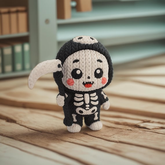 Baby Reaper Figurine with Scythe, 3D Printed Crochet Texture, Cute Skeleton, Halloween Gothic Decor