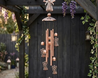Carillon éolien ange style cuivre, carillon éolien extérieur en métal, cadeau carillon éolien commémoratif, déco de jardin ange suspendu