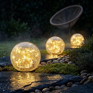 Op de afbeelding: Drie verlichte glazen bolvormige lichten met een craquele-effect, gevuld met warmwitte lichtslingers, worden buiten getoond. De bollen staan op een stenen oppervlak met kiezels en groen, waardoor een zachte, omgevingsgloed ontstaat. Een donkere achtergrond omvat een stoel.