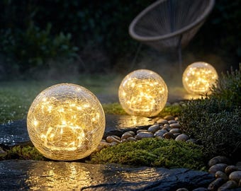 Lampada solare a globo in vetro craquelé, lampada a sfera per giardino esterno, lampada solare a sfera impermeabile, decorazione per giardino delle fate, illuminazione paesaggistica a LED calda