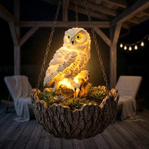 Puede incluir: Una maceta colgante con forma de búho con un exterior texturizado en forma de corteza. El búho es blanco con ojos amarillos y está posado en un tocón de árbol. La maceta contiene vegetación y está suspendida por cadenas. El búho está iluminado desde dentro.