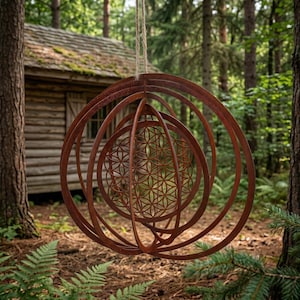 May include: A large, rusty-brown metal outdoor hanging sculpture. The sculpture features concentric rings and a central sphere with a floral pattern, suspended from a natural rope. The background shows a forest and a small wooden cabin.