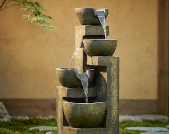 Fontaine d'extérieur à 4 niveaux avec pompe, cascade en résine à débit réglable, décoration zen pour terrasse et jardin, 60 cm