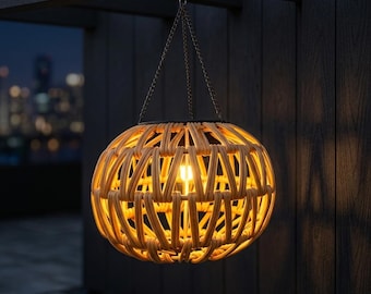 Japanese Style Solar Hanging Lantern, Outdoor LED Lantern Light, Bamboo Look Garden Lamp, Solar Patio Decor, Warm Balcony Lighting