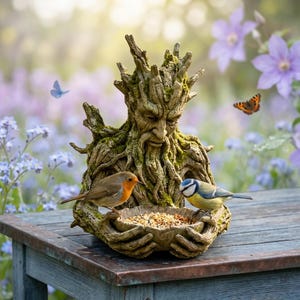 May include: A detailed, weathered-look bird feeder shaped like a tree-like face with a bowl for food. A robin and a blue tit are perched on the feeder, eating seeds. Butterflies and flowers are in the background.