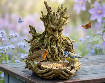 Mangiatoia per uccelli a forma di volto d'albero per esterni, scultura in resina resistente alle intemperie, decorazione da giardino boschivo, mangiatoia per uccelli da appendere